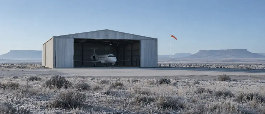 A steel hangar with its doors open on a frosted desert plain at first light, a jet inside