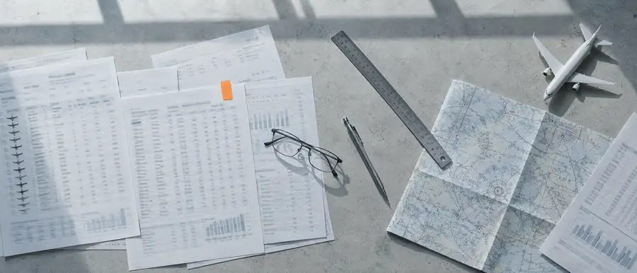 Printed fleet plans, an airport chart, a ruler and a small model airliner on a concrete desk
