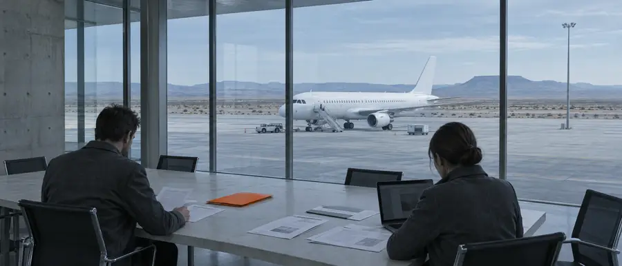 Two people reviewing documents at a table by a glass wall, an airliner parked on the apron outside