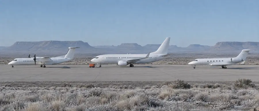 A turboprop, a narrow-body airliner and a business jet parked in a row on a desert apron