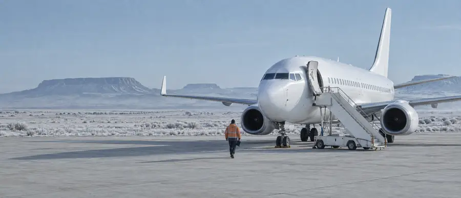 An inspector walking towards the airstairs of a plain white airliner on a frosted apron