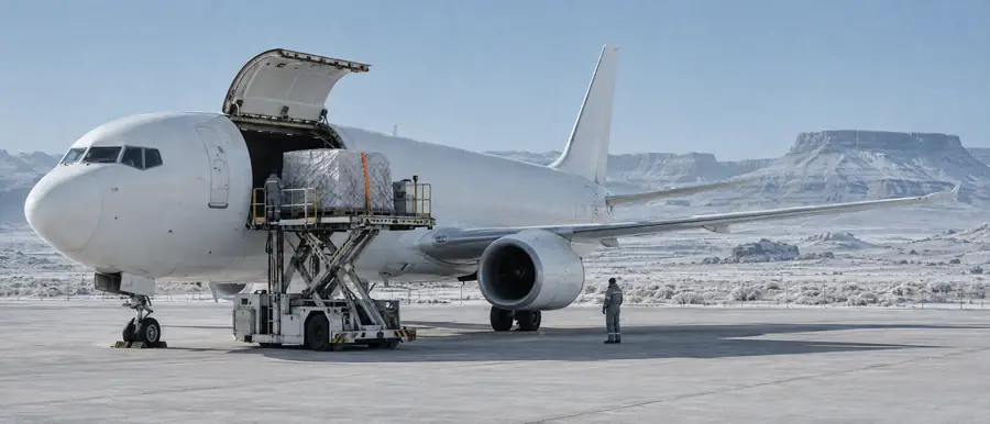A cargo loader lifting a wrapped pallet into the main deck door of a white freighter