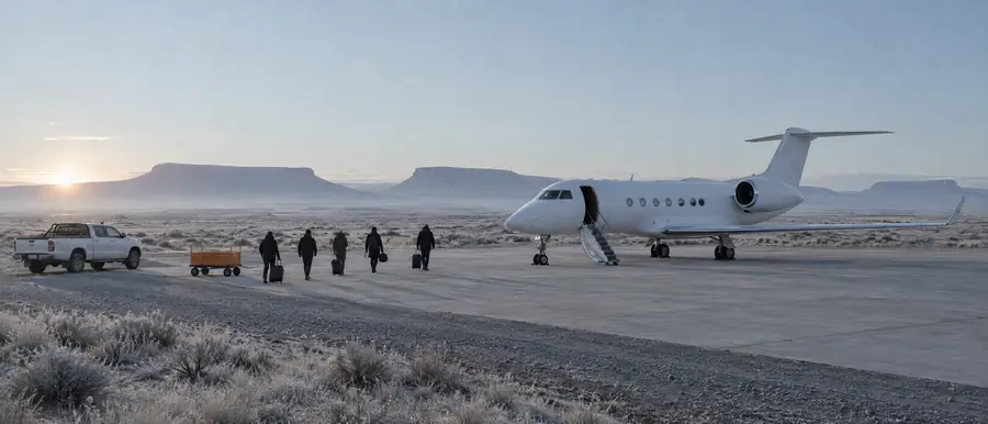 Passengers with luggage walking to a business jet's airstairs at a remote airstrip at sunrise
