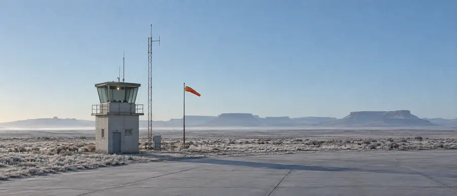 A small airfield control tower with a lit cab and an orange windsock on a frosted plain at sunrise