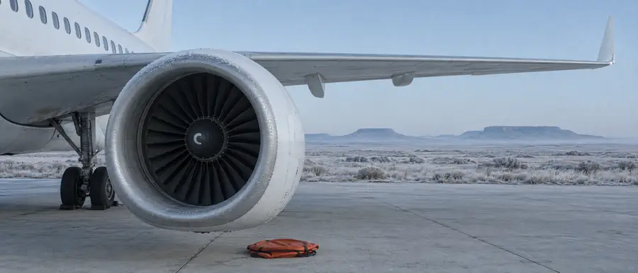 The fan of an airliner's engine under the wing, frost on the intake lip, on a cold apron