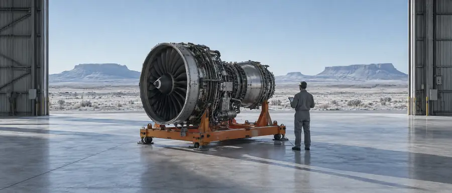 A turbofan engine on a transport stand in an open hangar, a technician beside it with a tablet, the frosted plain beyond