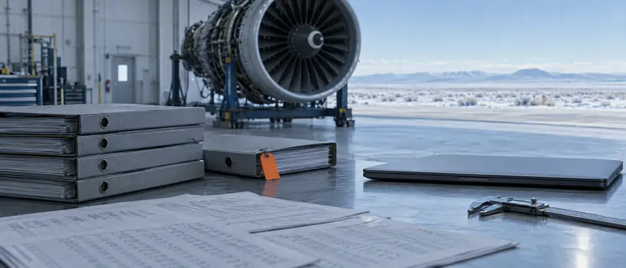 Engine record binders and printed sheets on a steel bench, an engine on its stand behind