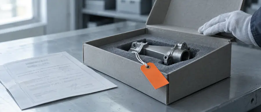 A machined part in a foam-lined box with an orange tag, its release certificate beside it