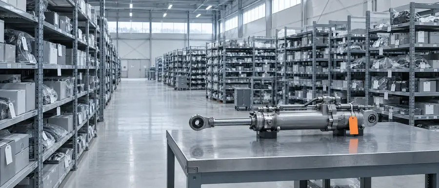 Aisles of steel racking with sealed, tagged parts, and an actuator with an orange tag on an inspection bench